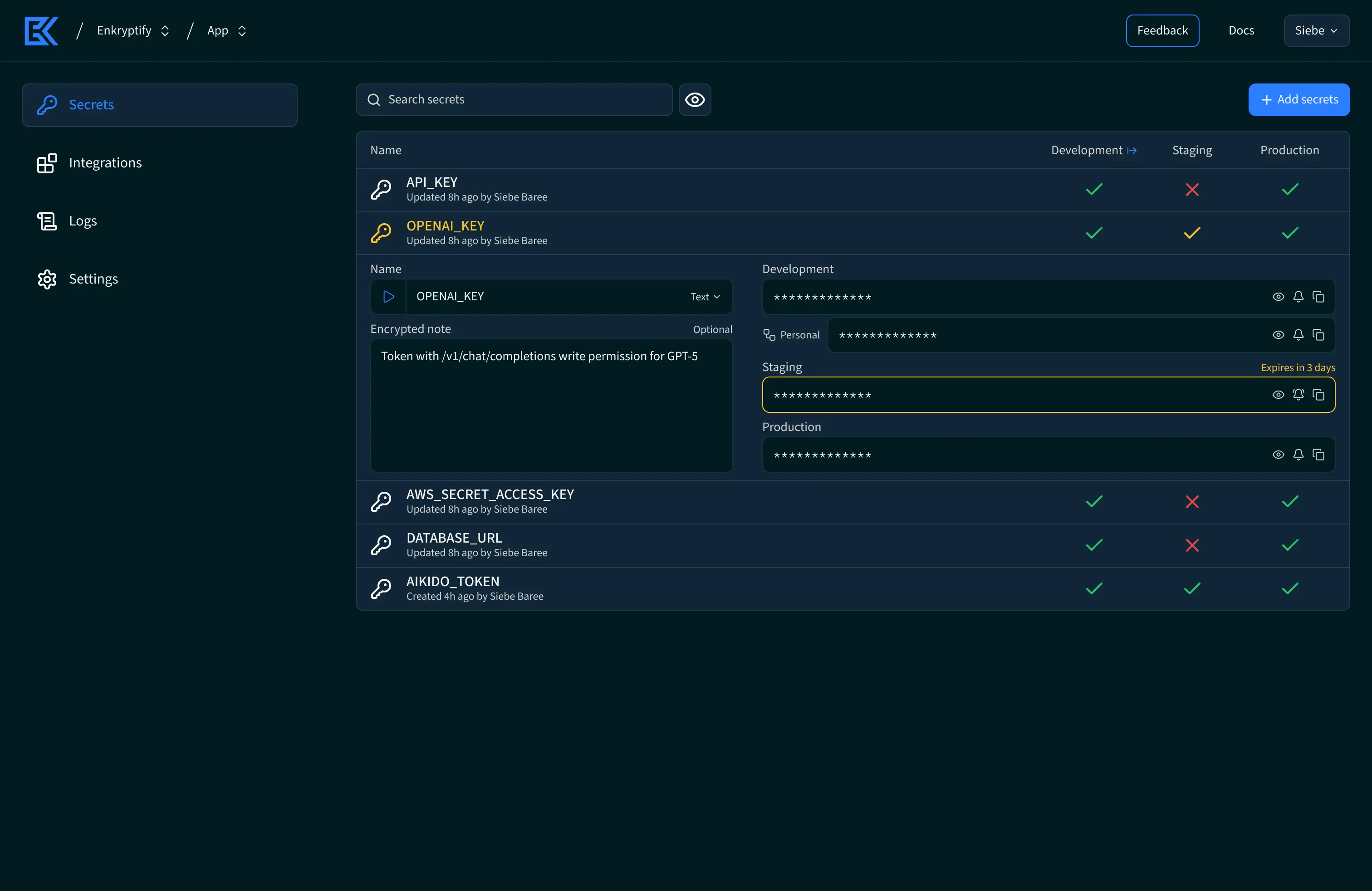 Enkryptify product dashboard screenshot